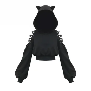

Cat Ear Hoodies Sweatshirt Women Gothic Harajuku Hoodies Autumn Winter Plus Velvet Hollow Out Lace Up Long Sleeve Cute Hoodies