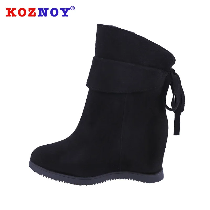 

Koznoy Women Boots Autumn Fashion Boot Bow Dropshipping Butterful Knot Short Plush Wedges Round Toe Solid Flock Women Boots