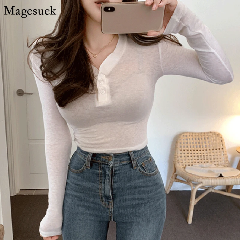 

Korean Casual V-neck Button Long Sleeve T-Shirt Women Spring High Stretch Solid Slim Tshirts Female White Tees Shirt Femme 14404