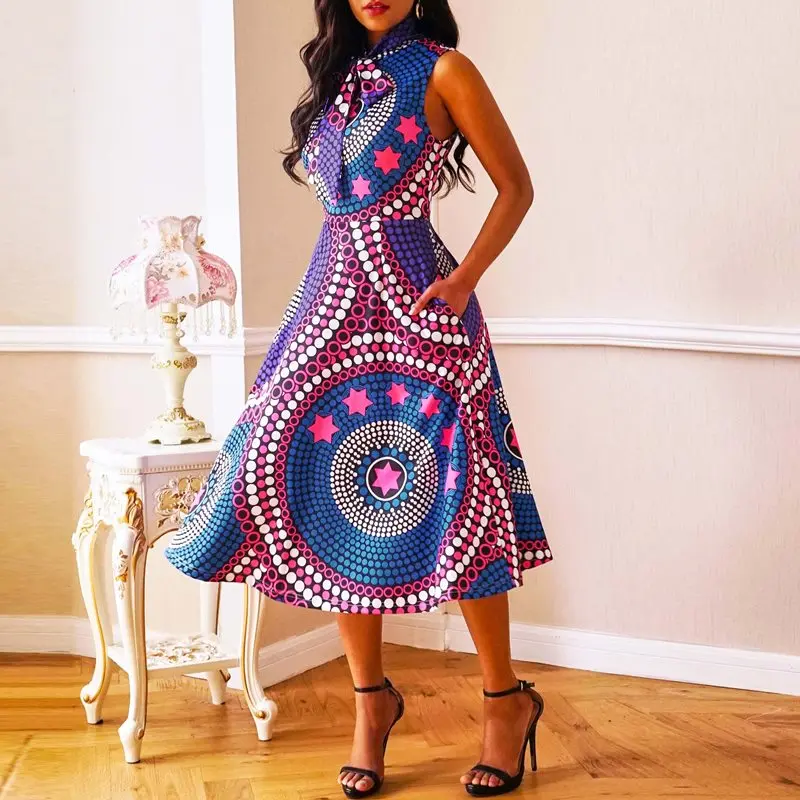 

2019 Hot Sale Women Bow design Party Elegant Dress Color Block Printing Sleeveless High Waist A-line Simple Casual Dress