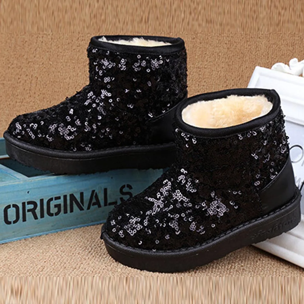 Модные для младенцев Одежда для малышей ботинки для девочек обувь ботильоны с декоративным украшением; ботинки с блестками для маленьких мальчиков Детские зимние штаны, теплые плотные зимние детские ботинки обувь