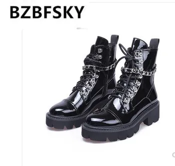 

2020Female British style thin zipper thick and handsome black increased thick bottom high top patent leather boots