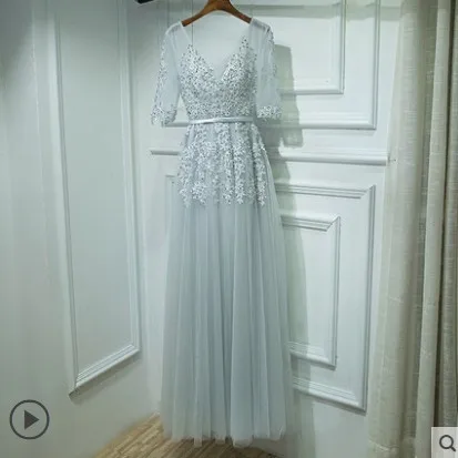 Robe De Soiree BacklakeGirls, кружевное, с бисером, сексуальное, с v-образным вырезом, Длинные вечерние платья, для невесты, для банкета, элегантные вечерние платья в пол - Цвет: grey half sleeve
