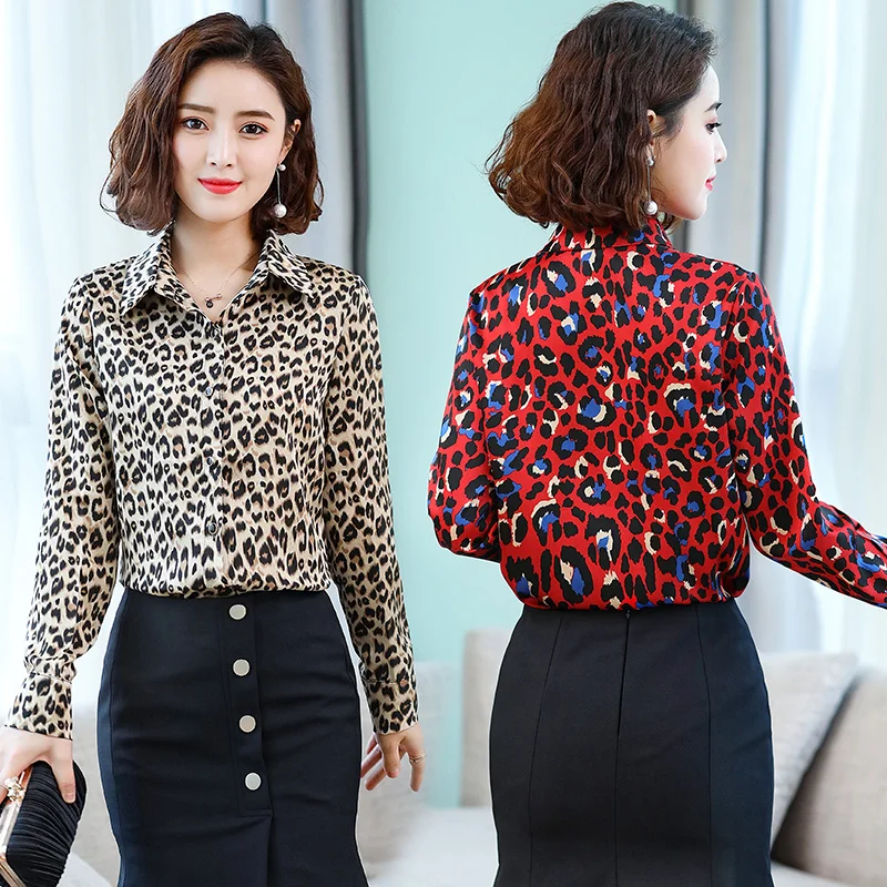 

Leopard Blouse autumn brown Plus Size 3XL Top Female fashion Brown Office Lady Long Sleeves red Women Shirts Casual spring