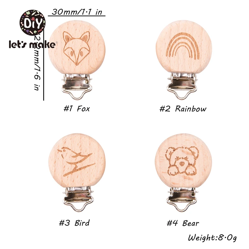 Let's Make Pacifier Clip Cartoon Engrave Wooden Soother Clip 3pcs Nursing Accessories Diy Dummy Clip Chains Wooden Baby Teether