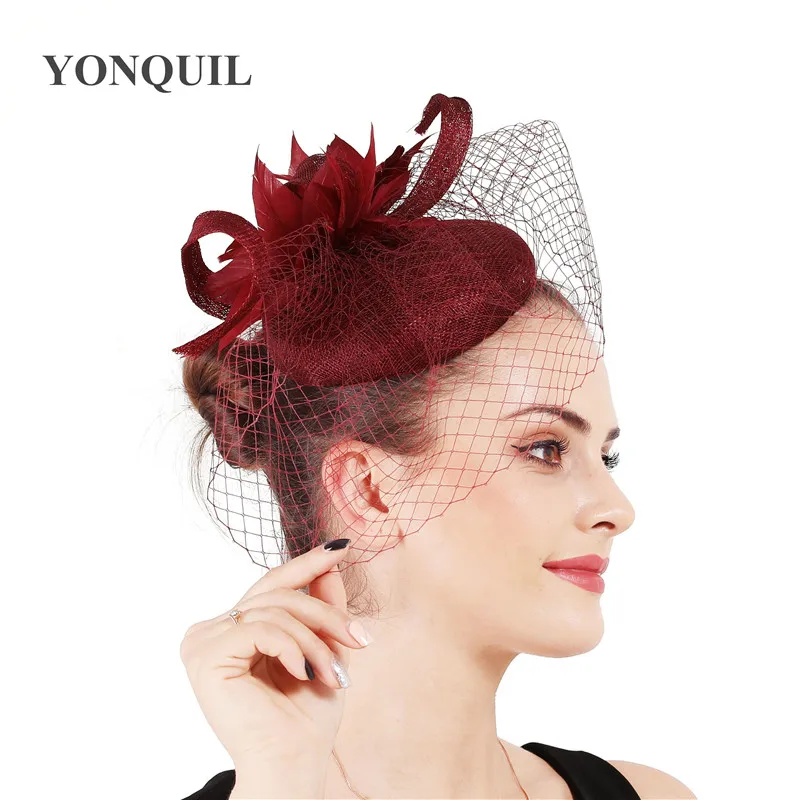 

Sinamay marron feathers Chic fascinators hats elegant women ladies wedding hair headwear bride mesh chapeau accessories gorgeous