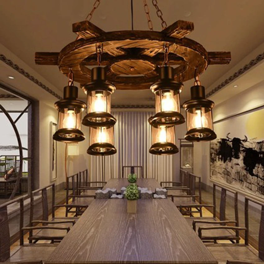Скандинавский промышленный подвесной светильник в стиле лофт, светодиодный подвесной светильник в стиле ретро из цельного дерева, подвесной светильник для гостиной, ресторана, кафе-бара, подвесной светильник