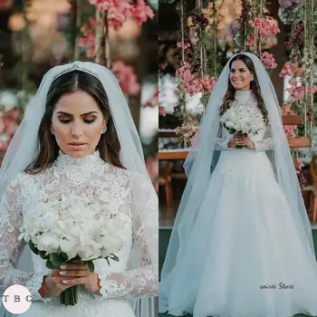 Dubái-vestido de novia musulmán árabe, Princesa de cuello alto de encaje de manga larga, vestido de novia Civil bohemio para mujer, vestido blanco 2020