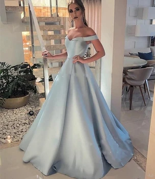 

Silver Grey Evening Dresses Off Shoulder Lace up Back Sweep Train Satin Simple Prom Party Gowns Long Formal Dresses for Women
