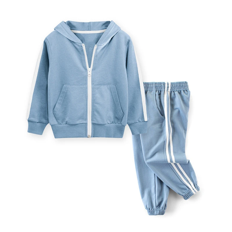 Sky Blue Mudkingdom/спортивные костюмы с капюшоном для маленьких мальчиков, на молнии, в полоску, однотонные, хлопковые, весна-осень, 2 предмета - Цвет: Sky Blue