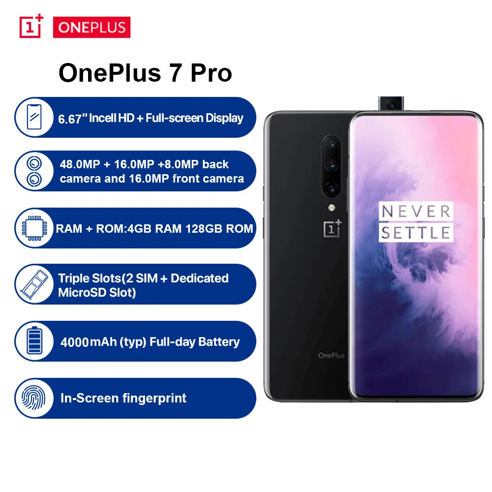 Смартфон OnePlus 7 Pro 4G, 6,67 дюймов, Android 9,0, Восьмиядерный процессор Snapdragon 855, 6+ 128 Гб ПЗУ, Мп+ Мп камера, мобильный телефон