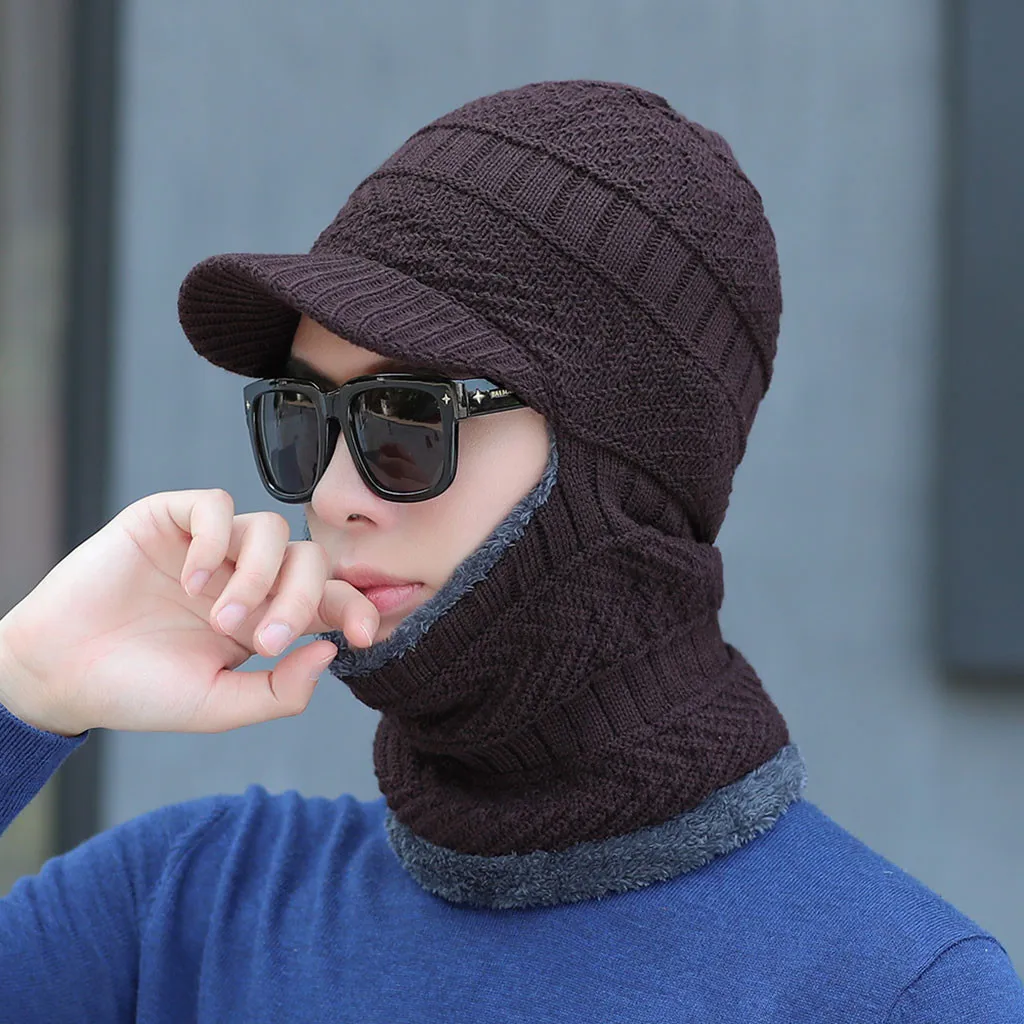 Зимняя мужская шапка бини для мужчин, теплая зимняя шапка s Skullies, одноцветная утолщенная шапка и шарф, цельная шапка, вязаная ветрозащитная шапка