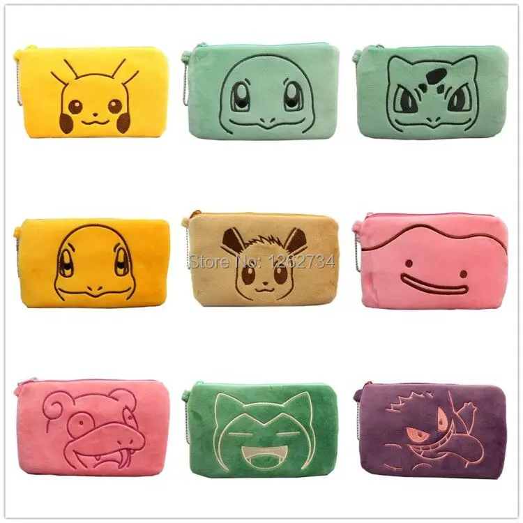 10/лот Pika Bulbasaur Squirtle Snorlax Charmander Ditto Slow Poke Gengar 20X12CM кошельки сумки плюшевые в