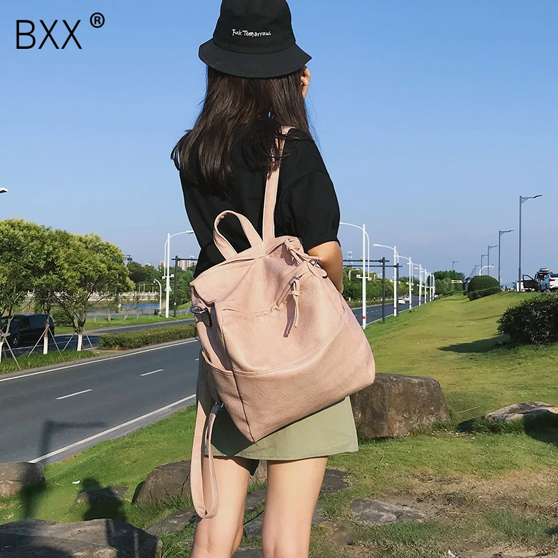 

[BXX] Brand 2020 Retro Large Capacity Bags PU Leather Backpack Women School Bags For Teenagers Girls Luxury Backpacks HK510