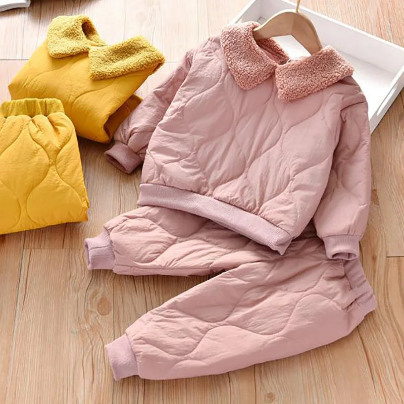 

Winter Autumn 2020 Children's Clothing Plus Velvet Two-piece Set Trendy Kids Cotton Clothes Coats and Warm Pants Girls' Suit