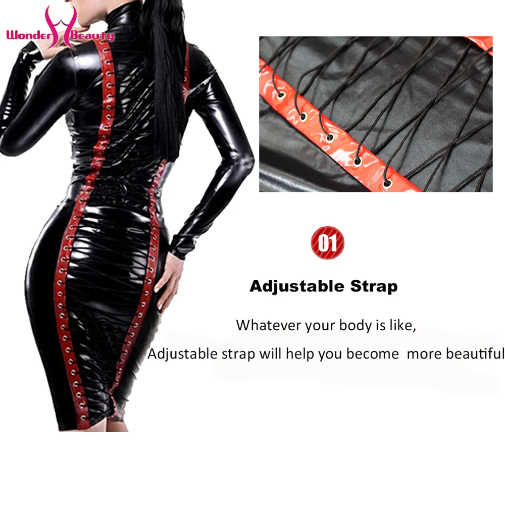 Long Sleeve Faux Leather Dress Zipper Lace Up Midi Bodycon Wet Look Vinyl Party Night Club Dresses Vestido (2)