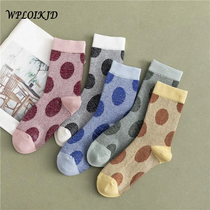 

[WPLOIKJD]Korean Style Women Autumn Winter New Product Gold Silver Silk Dot Design Cute Socks Chaussette Femme Sokken Skarpetki