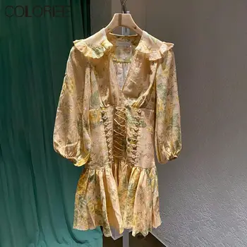 

Vintage Yellow Floral Printed Long Sleeve Mini Dresses For Women Autumn Elegant Runway Dress 2020