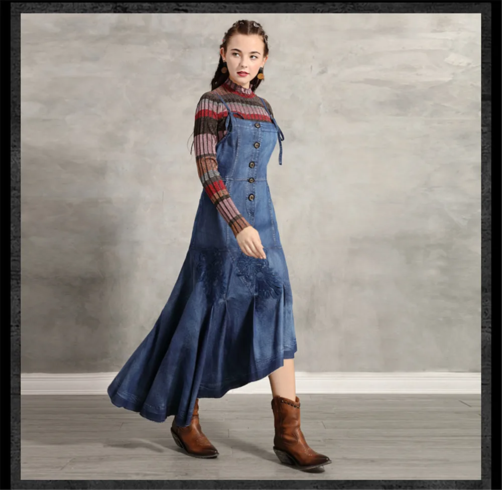 Vintage Denim Women's Dress 2019 Embroidery Braces Dresses Asymmetrical Long Women Strap Dress Vestidos A82193 Draped Dress (12)