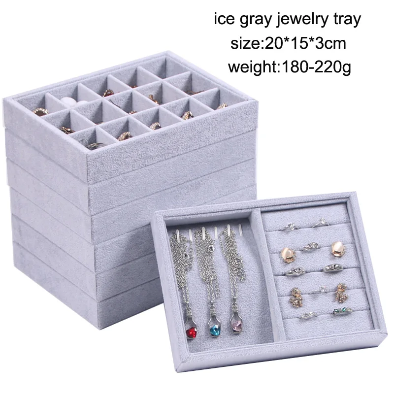 2021 Ice Gray Jewelry Box Drawer Storage Organizer Gray Soft Velvet Jewellery Earring Necklace Pendant Bracelet Tray 9 Options