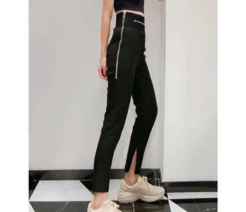 

High Waisted Black Pants with Side Zipper Webbing Showing Thin Leggings Casual Pants Women's Leggings A2