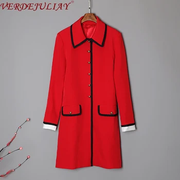 

VERDEJULIAY Fashion Runway Office Lady Autumn Dress Women's Long Sleeve Elegant Pocket Red Black A Line Working Mini Dres