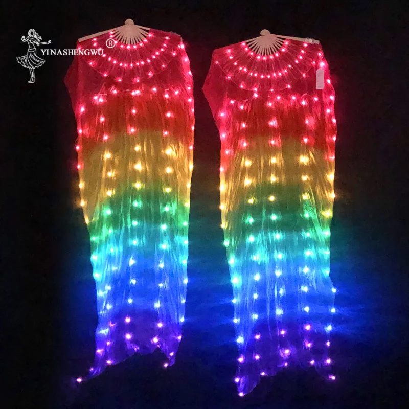 1 pair-More LED Светодиодный вентилятор Bone More, светодиодный фонарь для танца живота, шелковые вееры, сияющий Радужный светодиодный вентилятор для танцев, 1 шт./1 пара с батареями - Цвет: 1 pair-More LED