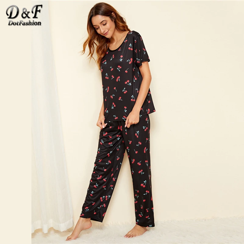 Dotfashion Casual Cherry Print Pajama Set Women Summer Black Short Sleeve Top And Long Pants Ladies Sweet Loungewear