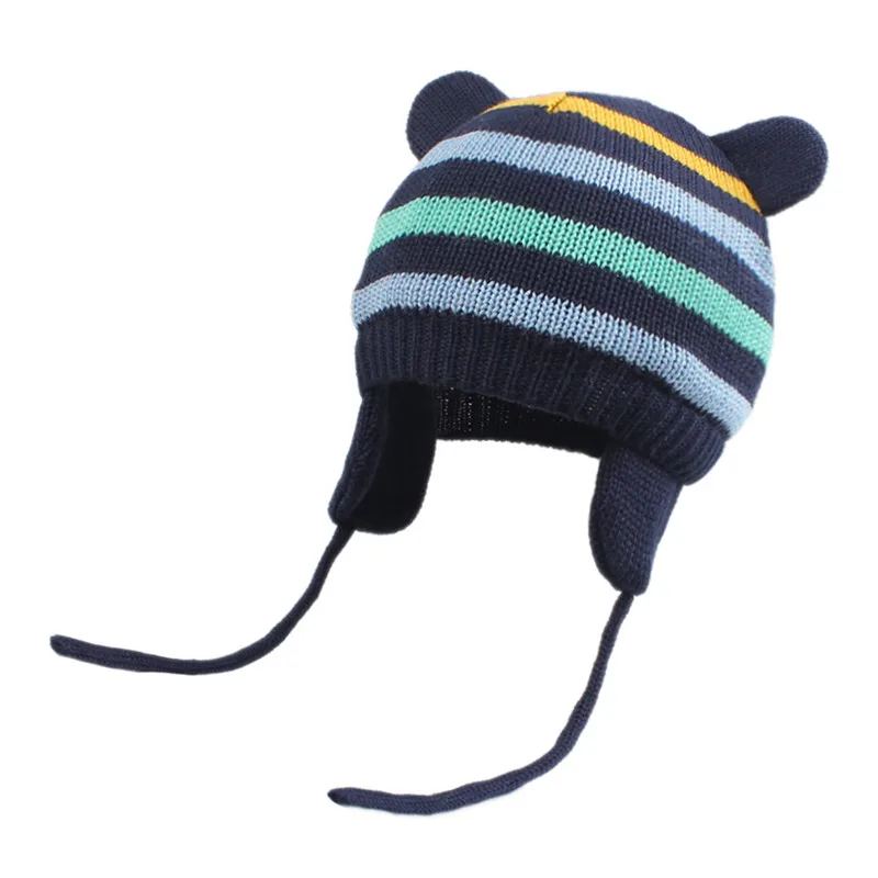 Navy Stripe Вязаная теплая шапка для младенца для малышей, с милым медведем, шапка для девочек, для детей ясельного возраста шапки-ушанки шапка Демисезонный хлопковая шляпа для мальчиков Новые Модные полосатые носки - Цвет: Navy Stripe