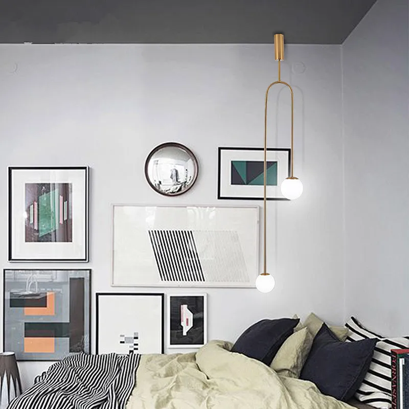 

Nordic Minimalist Bedroom Bedside Pendent light Post Modern Style Restaurant Clothes Geometric Line White Glass Ball Chandelier