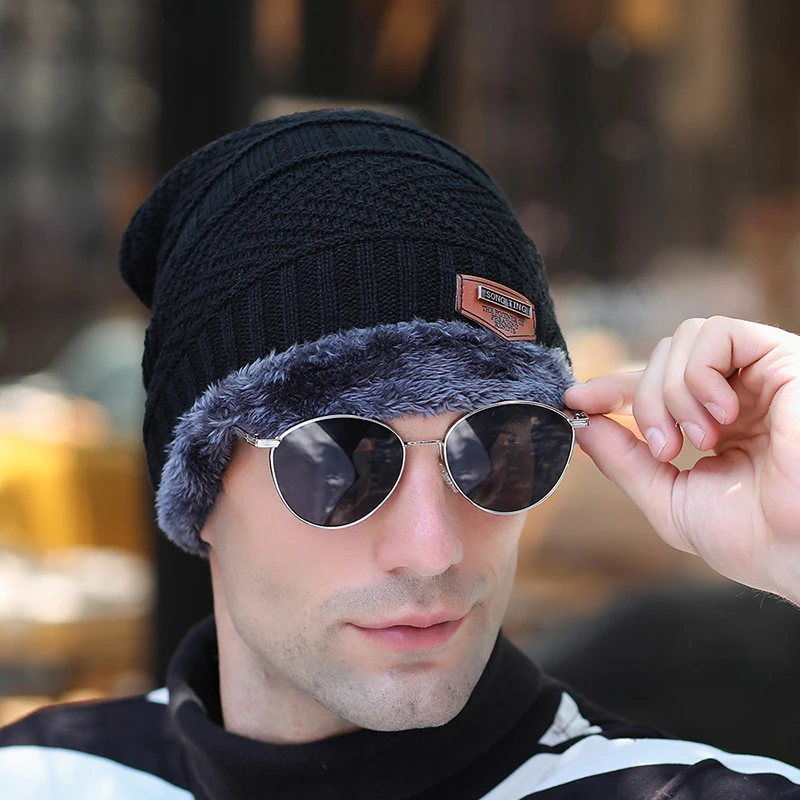 black Теплые зимние головные уборы для мужчин и женщин Beanie подарки набор шарфов Skullies Beanies бархатная утолщенная шерстяная вязаная шапка-маска - Цвет: black