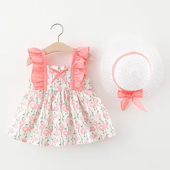 

Dungaree Dress 1234-year-old Baby Floral Skirt Hat New Flying Sleeve Cotton Baby Girl Above Knee, Mini Cute Print Sleeveless