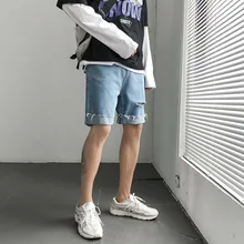 Однотонные шорты до колена с дырками повседневные Модные мужские короткие джинсы деним тонкие джинсы Homme Большие размеры