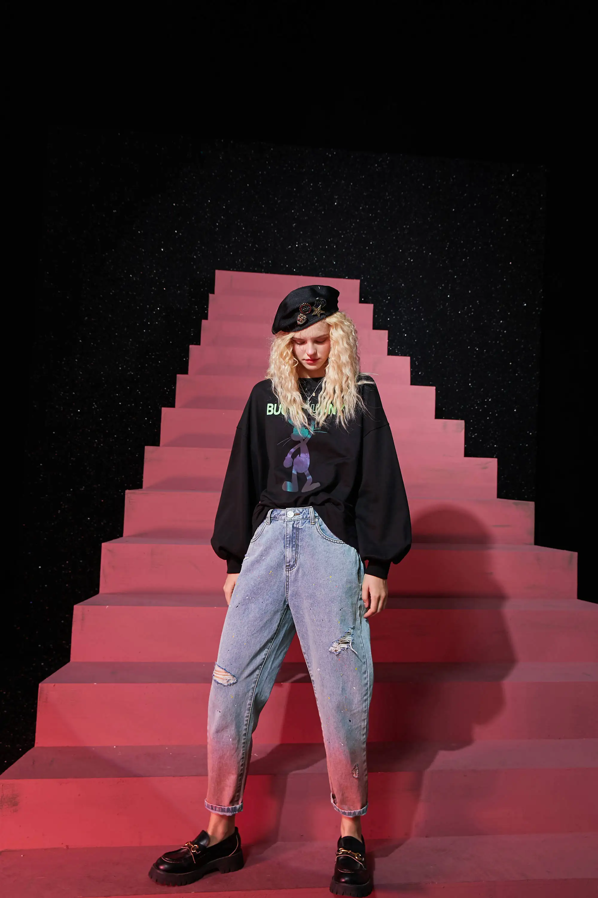 ELFSACK Pink Gradient High Waist Washed Casual Women Denim Jeans,2020 Autumn ELF Ripped Hole Korean Female Daily Basic Trousers