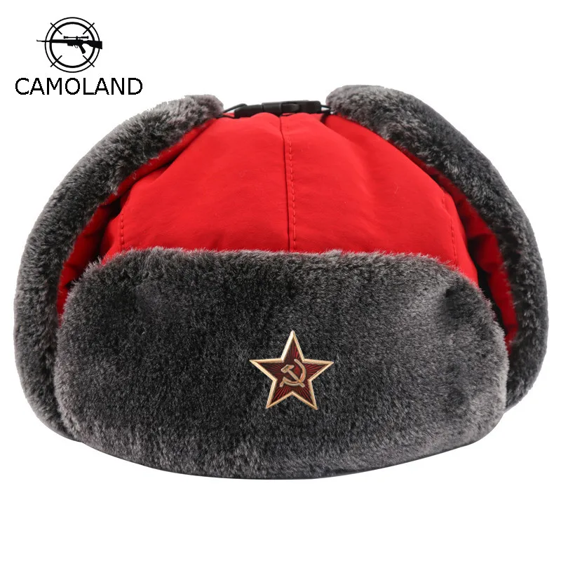 

Soviet Badge Russia Ushanka Hat Waterproof Bomber Hats Pilot Trapper trooper Hat Winter Faux Rabbit Fur Earflap Men Snow Caps