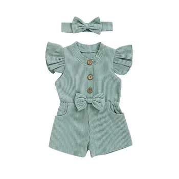 

2 Pcs Summer Baby Girls Rompers Shorts Pants Flying Sleeve Infant Overalls Jumpsuit Toddler Clothes Headband Dropshipping