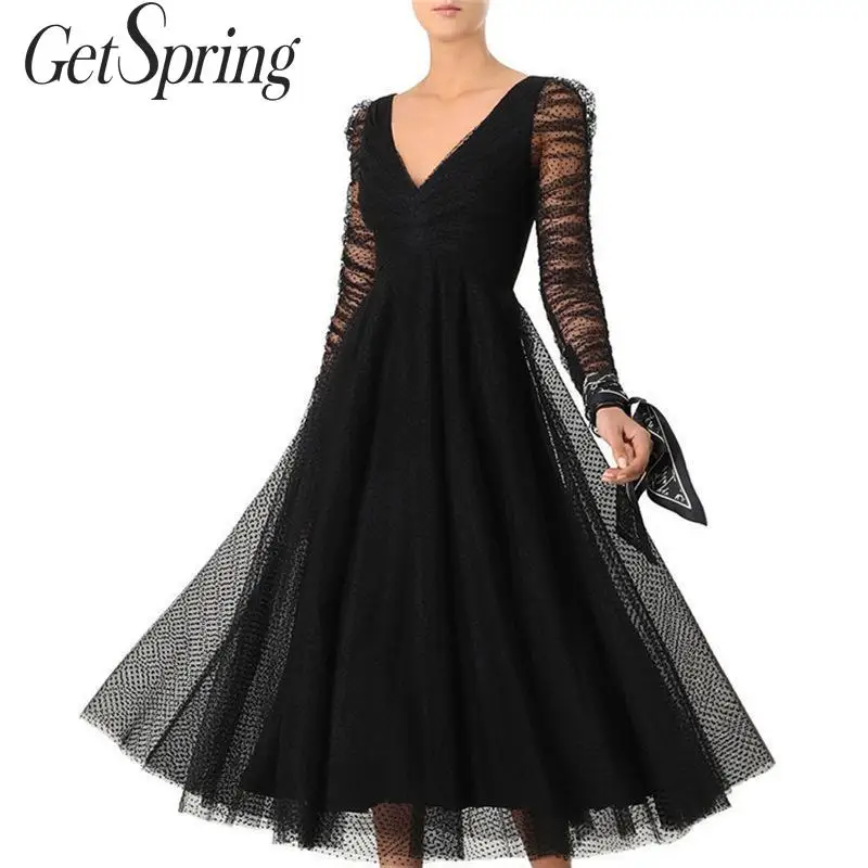 GetSpring женское платье с v-образным вырезом винтажное в горошек Сетчатое длинным