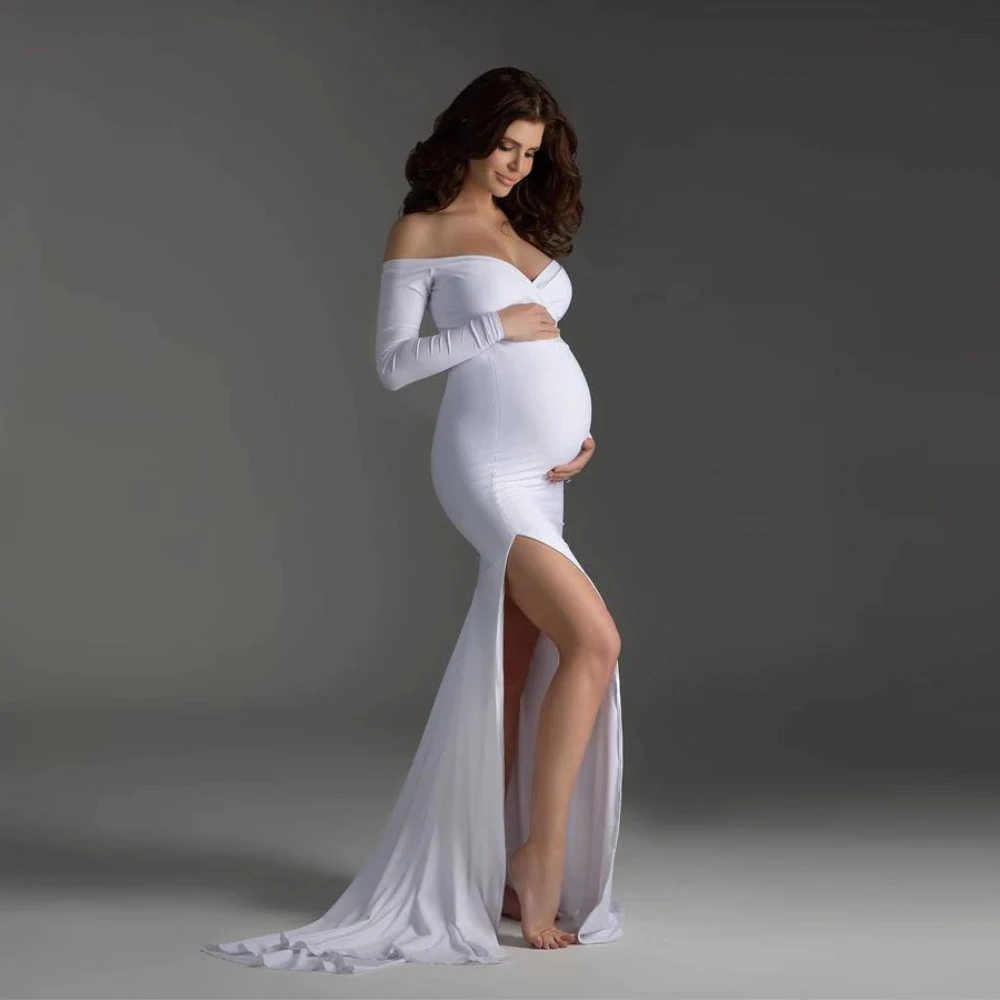 Shoulderless Maternity Dresses Photography Props Sexy Split Side Maxi Gown For Pregnant Women Long Pregnancy Dress Photo Shoots (1)