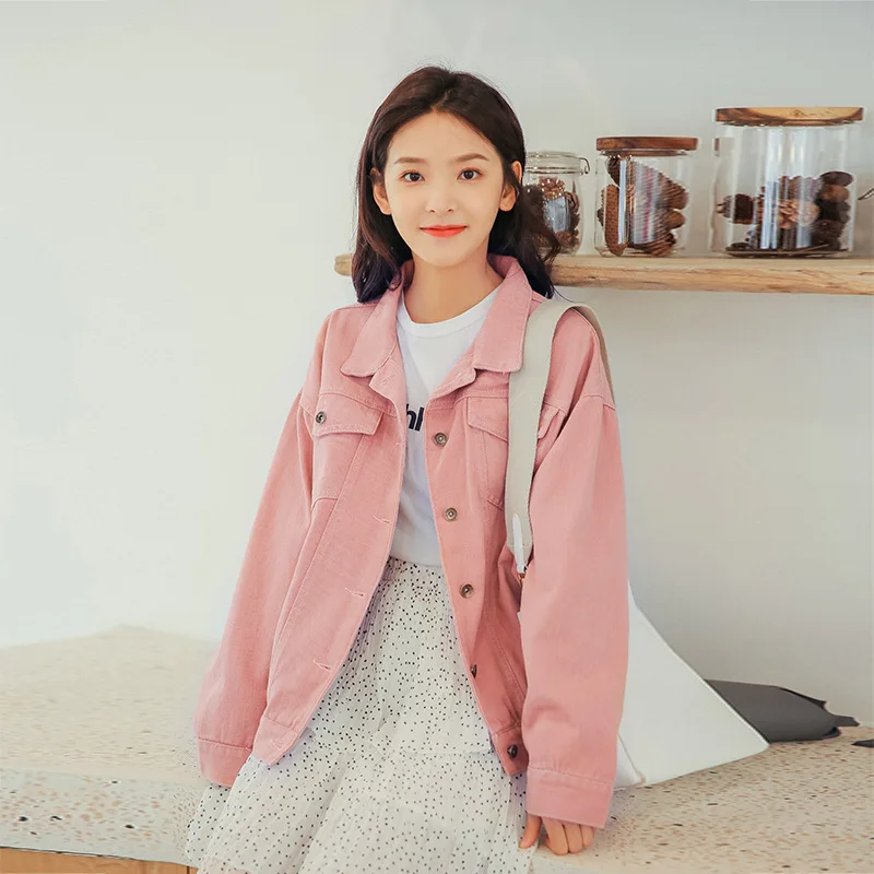 

6853 by Nalini 2019 Spring Chapter Ronon New Style Casual Hong Kong Style Loose-Fit Short Coat Female Pink Jeans Coat