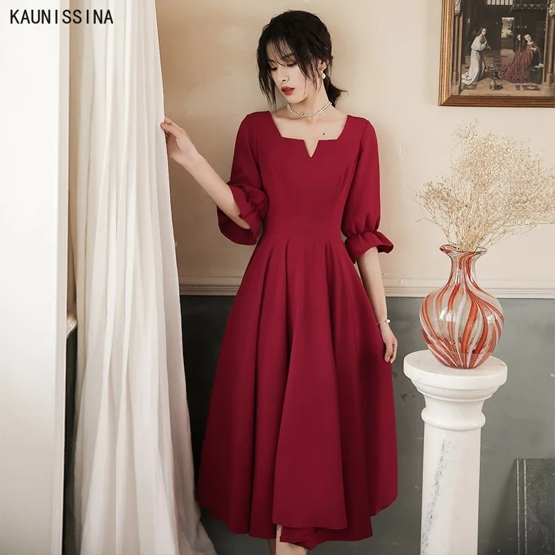 

KAUNISSINA Evening Dresses Square Collar Half Sleeve Vintage Party Dress Women A-Line Evening Vestidos de fiesta Custom Size