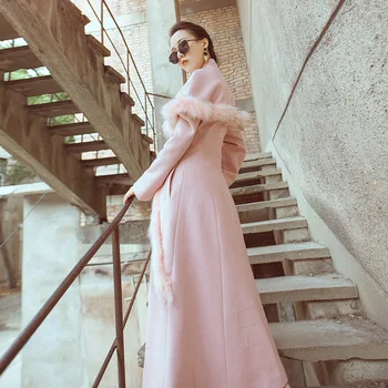 

Pink Woolen Coat Women Long Sleeve Winter Coat Empire Vintage Maxi Coat