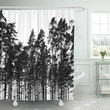 

Dark Pine Trees Forest Black Silhouette Landscape Nature White Shower Curtain Waterproof Polyester Fabric 60 x 72 Inches