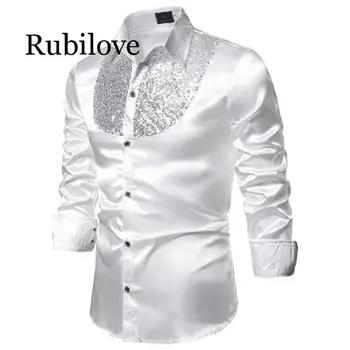 

Men's Luxury Sequin Dress Shirts Long Sleeve Satin Shiny Disco Party Shirt Men Stage Dance Nightclub Prom Costume
