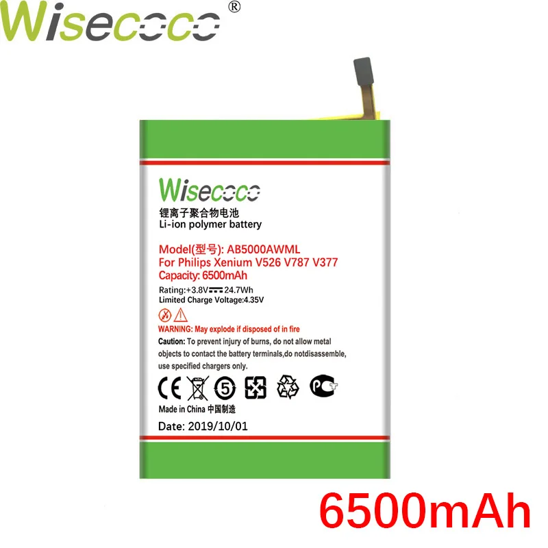 WISECOCO 6500 мАч AB5000AWMT AB5000AWML батарея для Philips Xenium V526 V787 V377 CTV787 CTV526 мобильный телефон с номером отслеживания