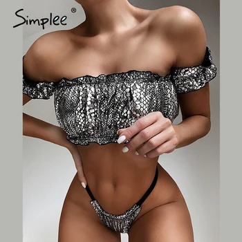 

Simplee Sexy push up bikini set High cut off shoulder summer swimsuit Ruffle snake print bathing suit beach wear bathers 2020
