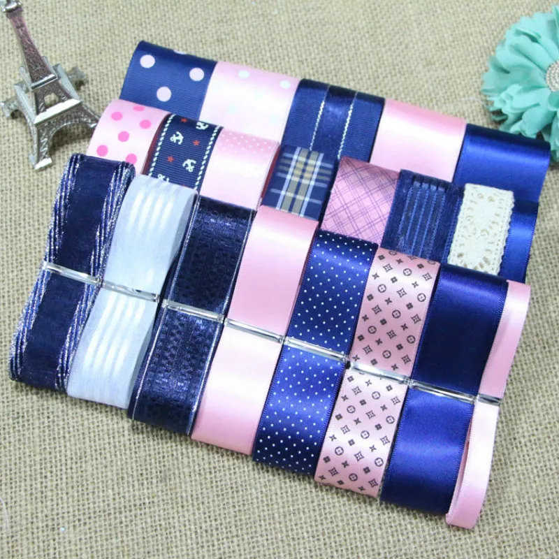 

Pink & Blue Series Ribbon Set For Needlework Silk Ribbons for Crafts Printed Ribbon Set DIY Hair Tie Bow Decoration Accessories