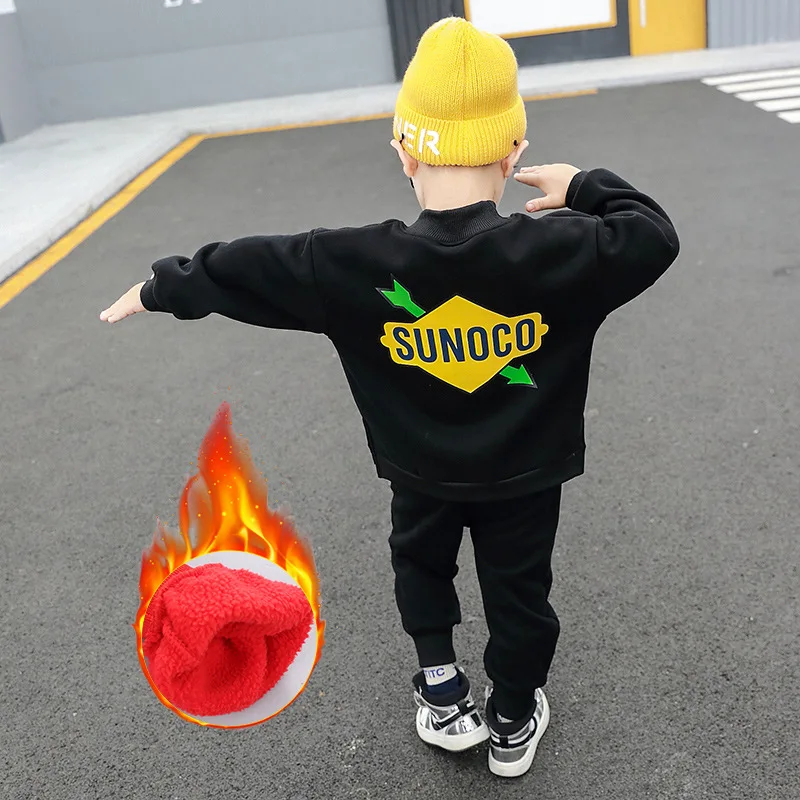 

2019 New Style Korean-style CHILDREN'S Suit BOY'S Winter Children Arrowhead plus Velvet Two-Piece Set Fashion Childrenswear