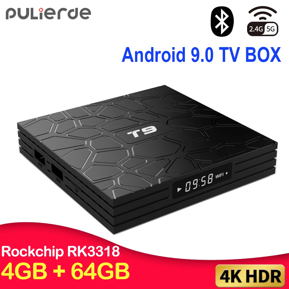 T9 4 Гб 64 RK3318 четырехъядерный Смарт Android 9 0 TV BOX Bluetooth4.0 H2.65 4K 2 GHz/5 GHz WIFI телеприставка