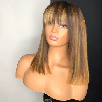 

Mongolian Fringe Wigs Glueless 180Density Full Lace Human Hair Wigs Highlight 4x4 Silk Base Full Lace Wigs with Bangs Remy