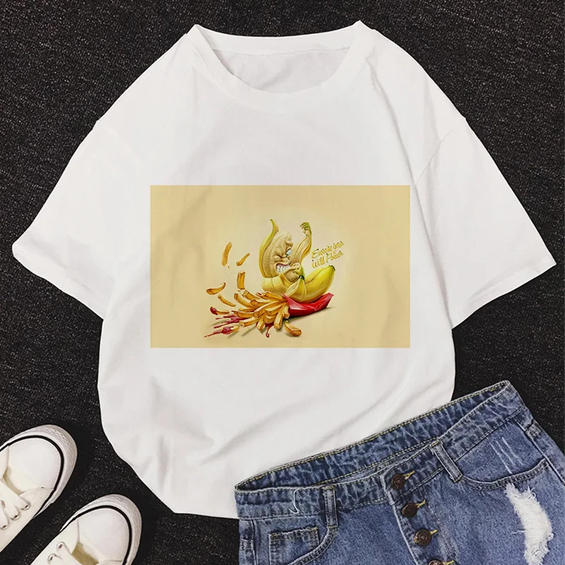 2020 New Summer DOLCE & BANANA Print T-Shirt Women O-Neck Short Sleeve Cute Cartoon T Shirt For Girls Students Lady Tops Tshirt